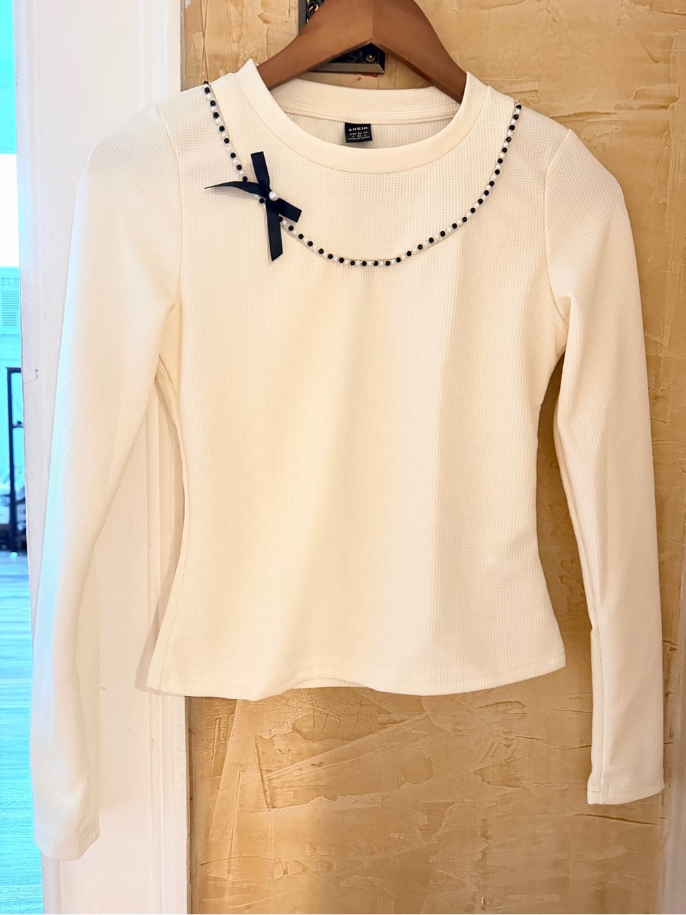 SHEIN Cream Long-Sleeve Top with Navy Bead Trim & Bow